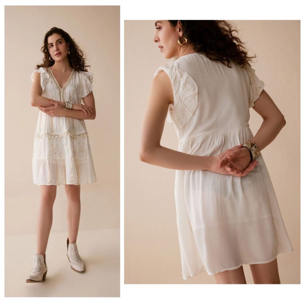 NWT BOHERA "Juleebee" Flutter Sleeve V-Neck Shell Embellished Wht/Gold/Silver XL